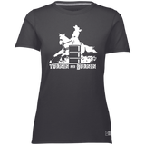 TURNIN AND BURNIN BARREL RACING (white) 4HORSE 64STTX Ladies’ Essential Dri-Power Tee