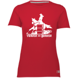 TURNIN AND BURNIN BARREL RACING (white) 4HORSE 64STTX Ladies’ Essential Dri-Power Tee